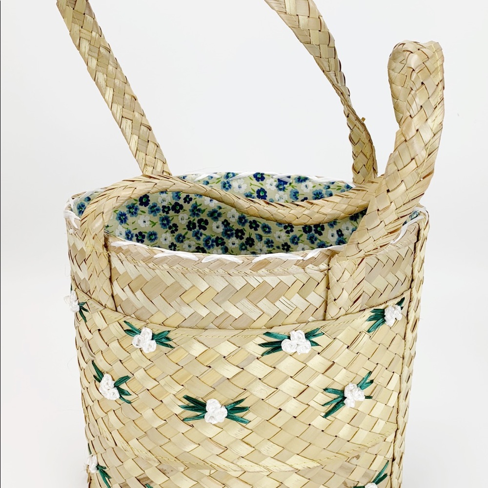 Rattan Woven Bucket Purse/Bag with Floral Lining